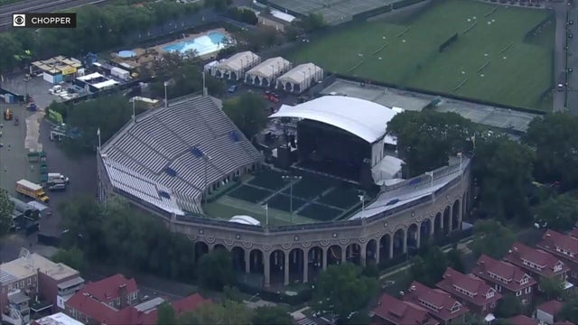 An aerial view of Forest Hills Stadium and homes surrounding it 